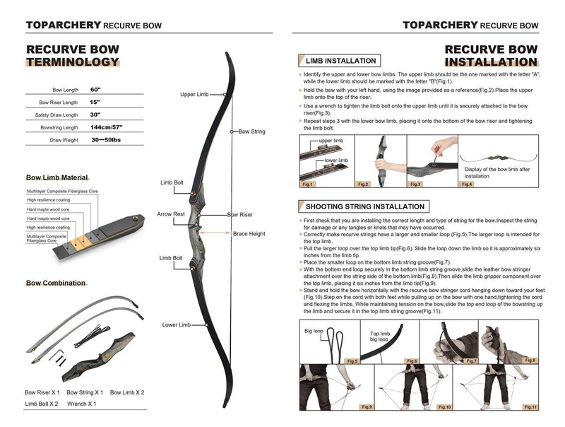 60" Archery Laminated Recurve Bow Left Right Handed Takedown Hunting Bow 30-50lbs