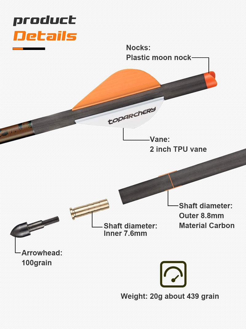 Archery 20" Crossbow Bolts Pure Carbon Shaft Straightness.006 6PK For Crossbow Hunting Arrows