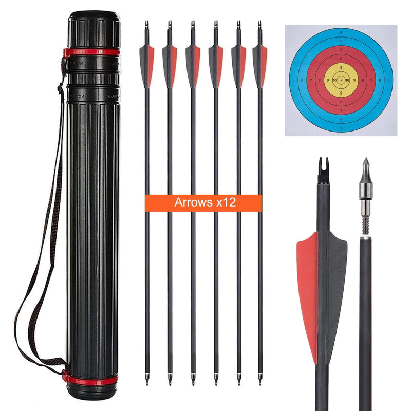 Adjustable Arrow Tube and 12 Pack Archery Mixed Carbon Arrows Arrow Quiver 63cm-110cm