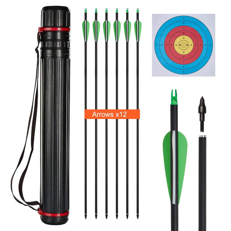 Adjustable Arrow Tube and 12 Pack Archery Mixed Carbon Arrows Arrow Quiver 63cm-110cm