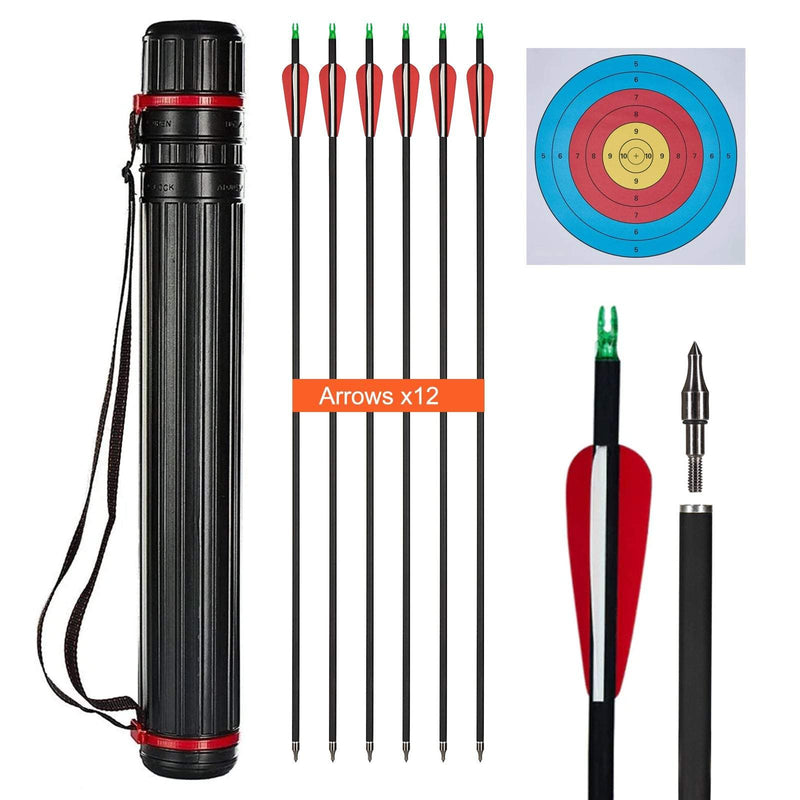 Adjustable Arrow Tube and 12 Pack Archery Mixed Carbon Arrows Arrow Quiver 63cm-110cm