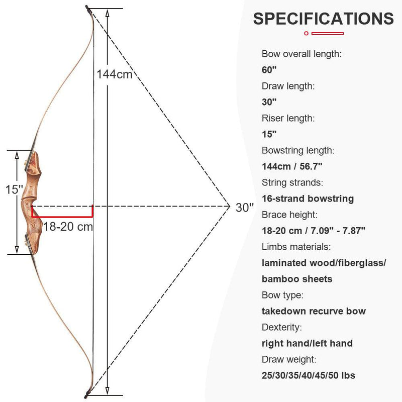 60" Archery Hunting Bow Wood Laminated Takedown Recurve Bow Right Handed 30-50lbs