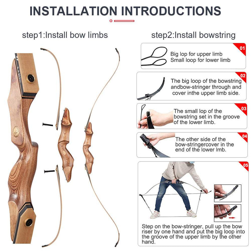 60" Archery Hunting Bow Wood Laminated Takedown Recurve Bow Right Handed 30-50lbs