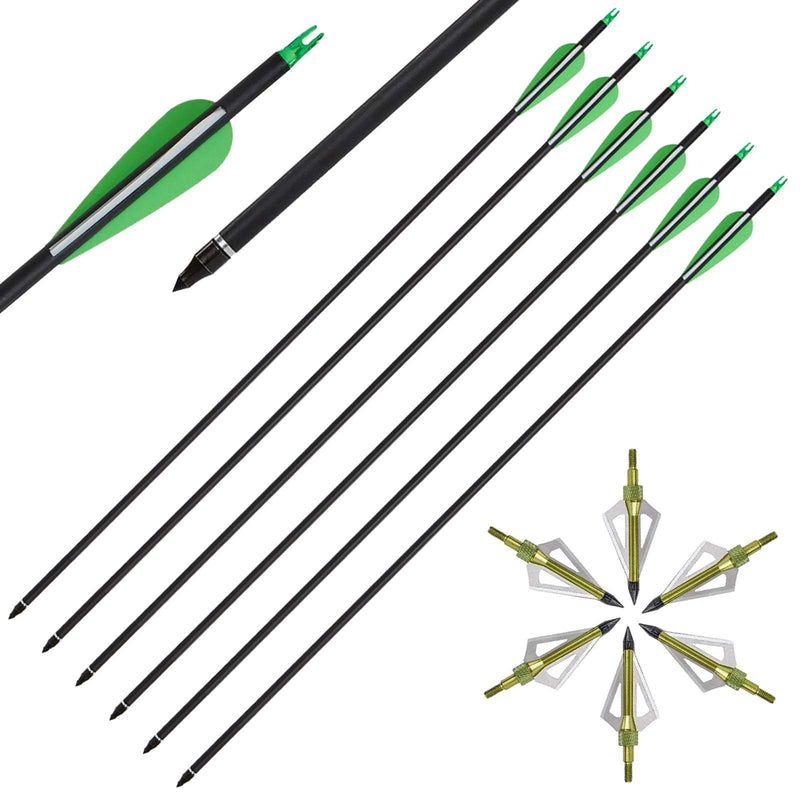 12pcs Archery Carbon Arrows and Hunting Broadheads Set with 3 Blades Hunting Tips 100grain