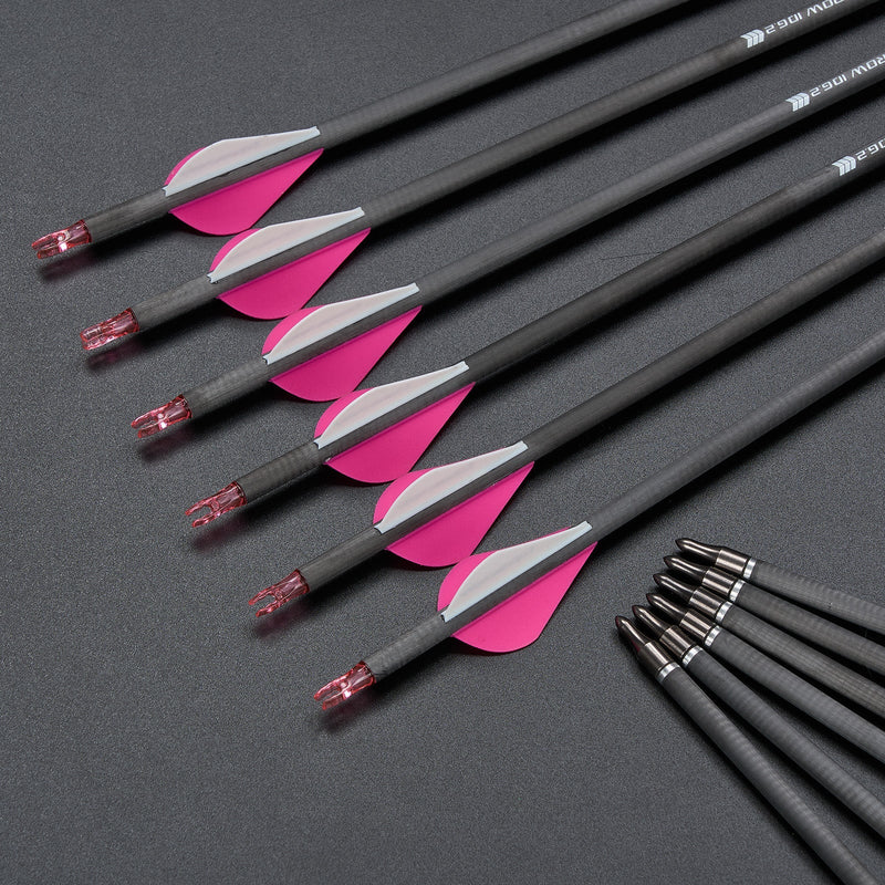 6pcs 30" Carbon Arrows Spine 300/350/400 Pink Turkey Feather Fletched Hunting Arrows