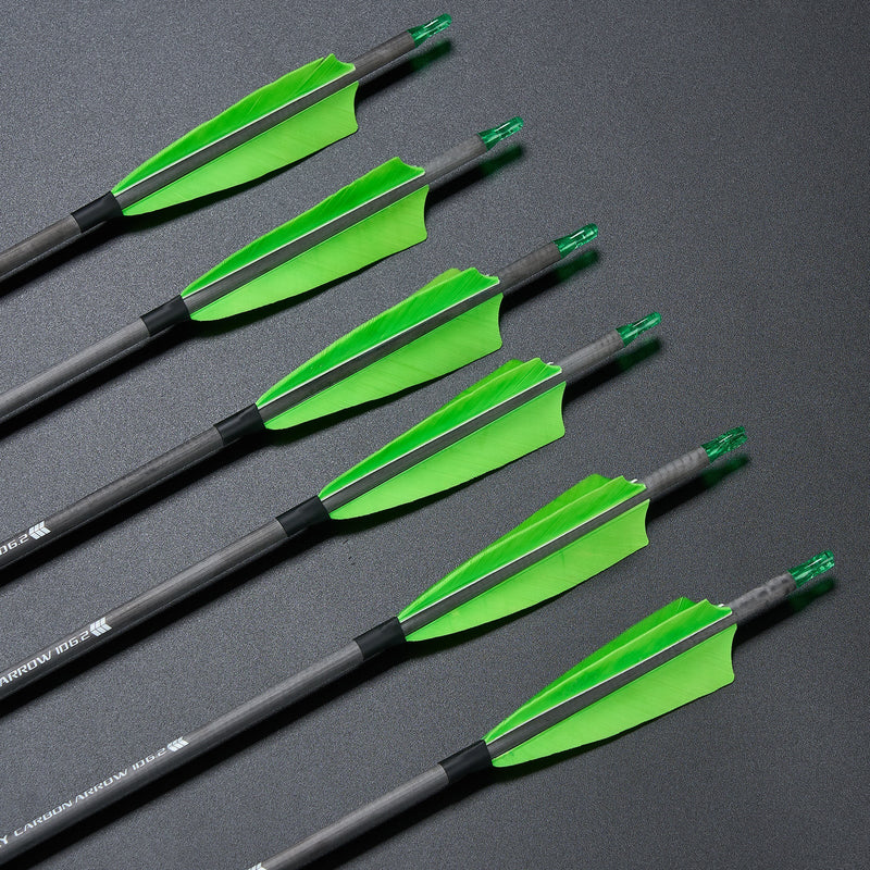 6pcs 30.5" Pure Carbon Arrows Spine 400 Green 4" Turkey Feather Fletched