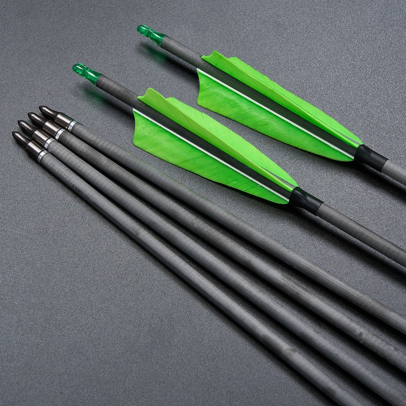 6pcs 30.5" Pure Carbon Arrows Spine 400 Green 4" Turkey Feather Fletched