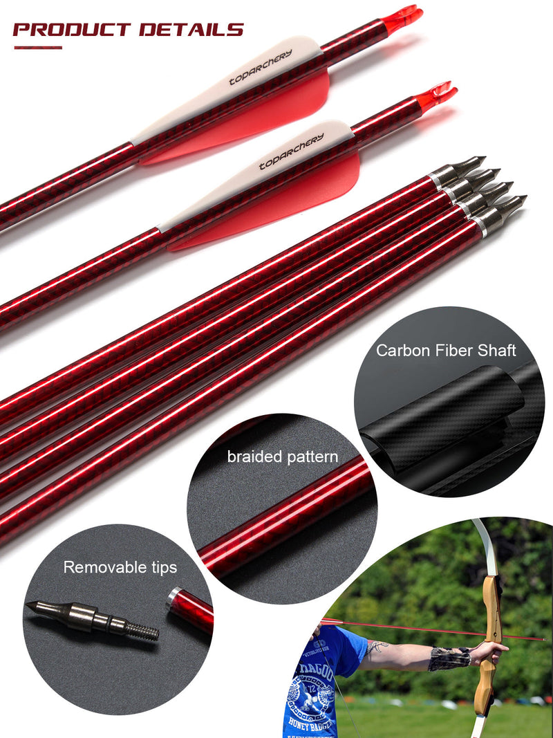 12pcs 30" Fletched Carbon Arrows with Replaceable Arrowheads for Recurve Compound Bow