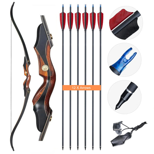60" Archery Recurve Bow and Arrows Set Feather Fletched Carbon Arrows with Laminated Hunting Bow 25-50lbs