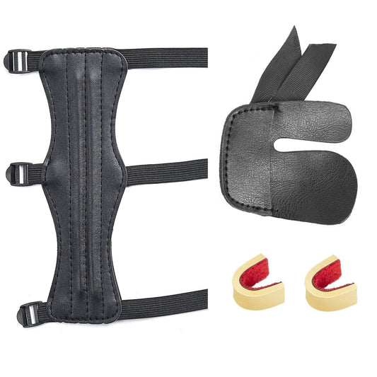 Archery 3-Strap Leather Arm Guard and Finger Tab Kit
