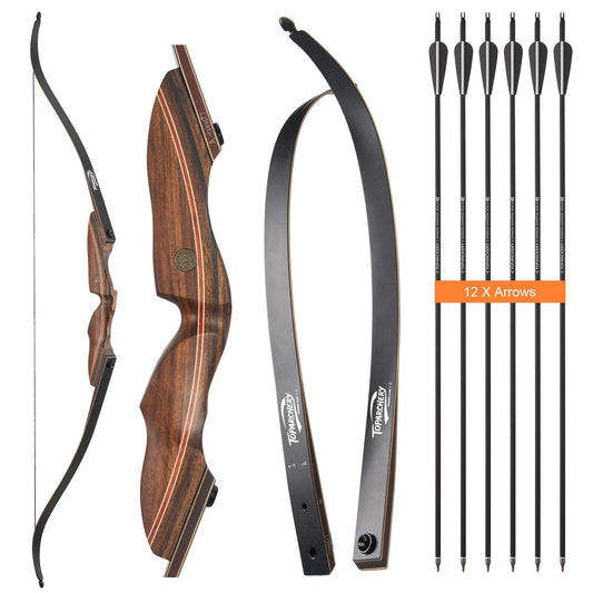 60" Archery Recurve Hunting Bow Wood Laminated Right Hand Bow 25-50lbs with 12pcs Carbon Arrows