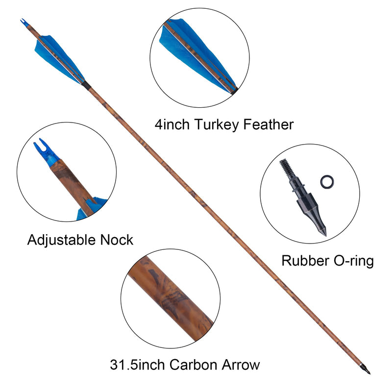 6Pcs Archery 30" Feather Fletched Carbon Arrows Spine 400 for Recurve Compound Bow