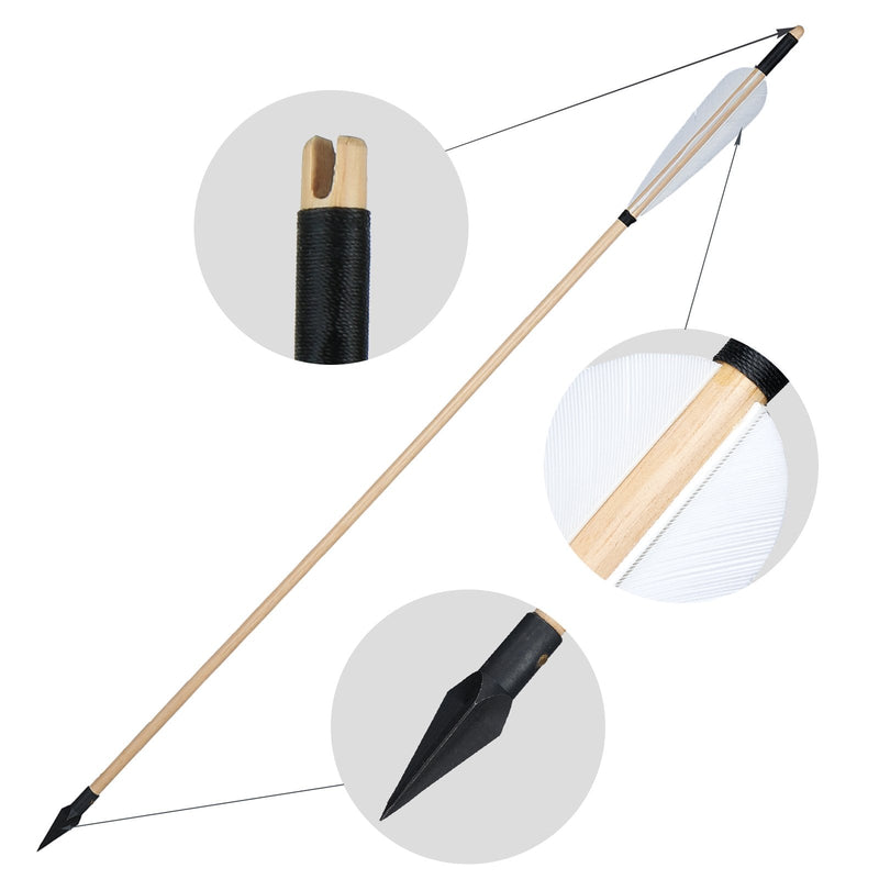 6Pcs Traditional Wooden Arrows Archery White Turkey Feathers 31.5" with Hunting Broadheads