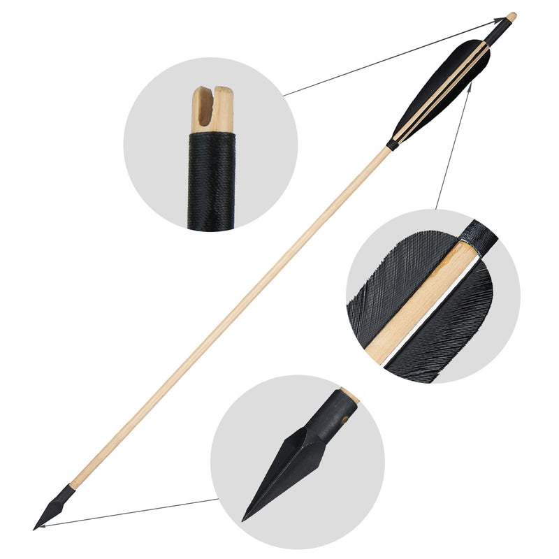 Traditional Wooden Arrows Archery 6Pcs Black Turkey Feathers 31.5" with Hunting Broadheads
