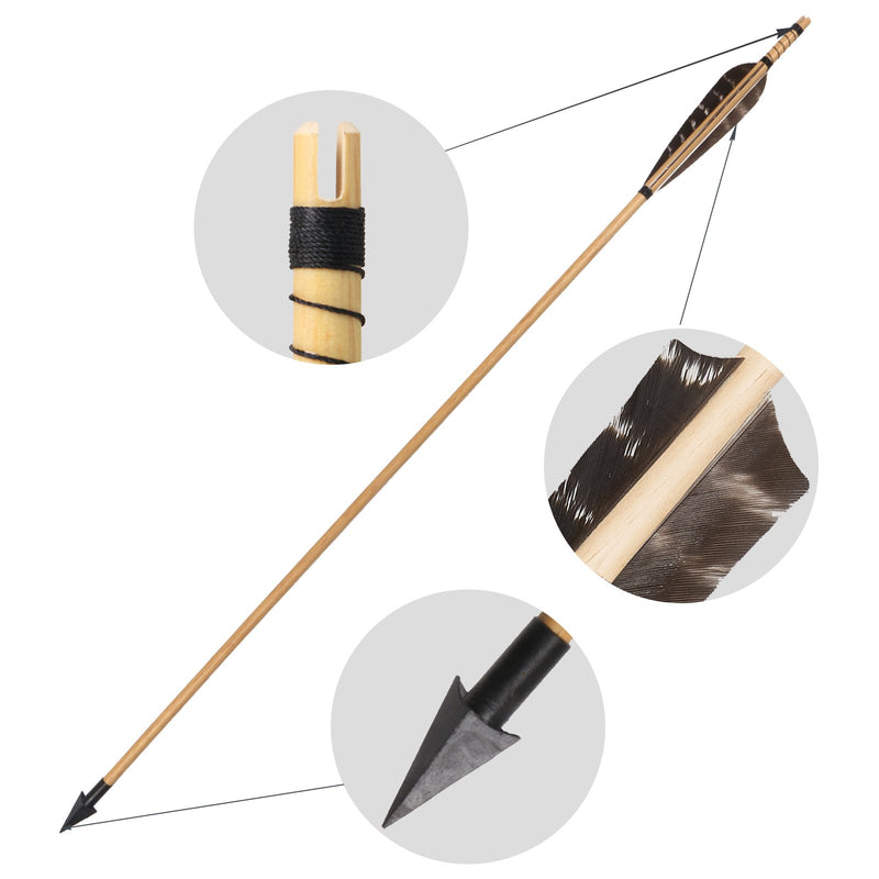 6Pcs Traditional Wood Arrows Natural Real Feather Archery 31" with Hunting Broadheads
