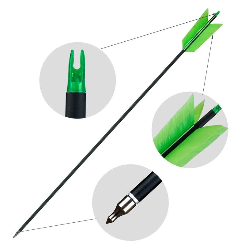 6Pcs 30.5" Archery Carbon Arrows with 4 piece Green Turkey Feathers Spine 500 for Recurve Compound Bow