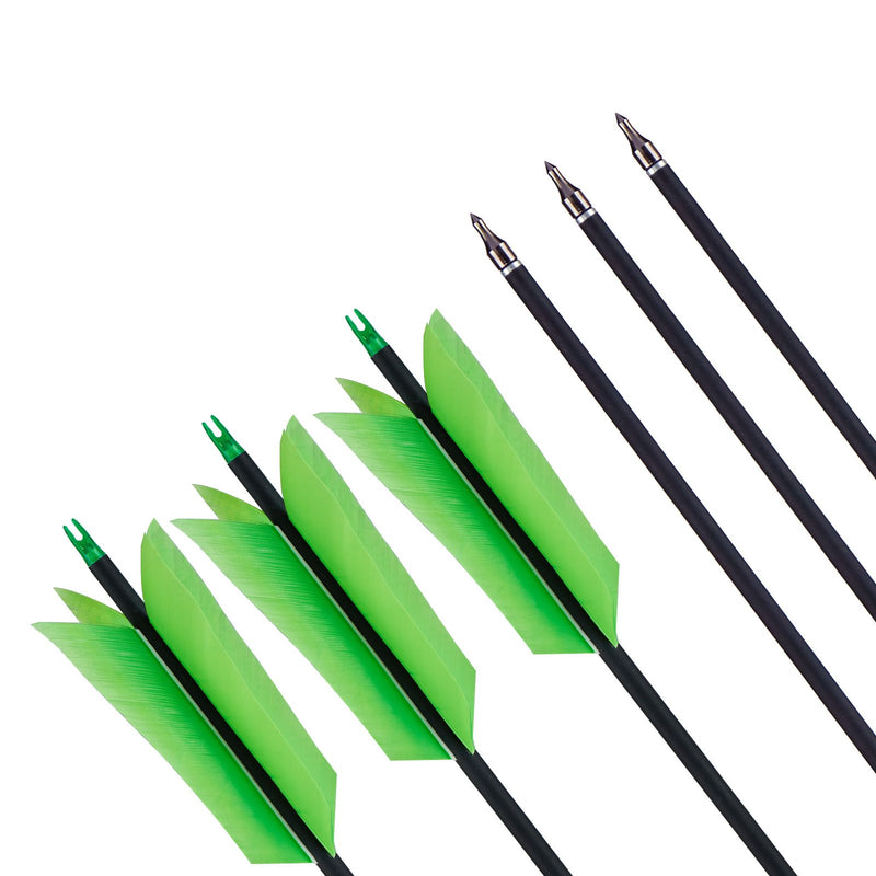 6Pcs 30.5" Archery Carbon Arrows with 4 piece Green Turkey Feathers Spine 500 for Recurve Compound Bow
