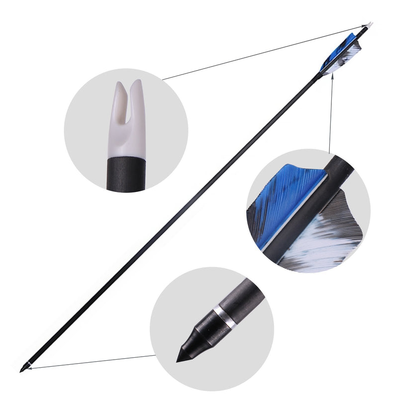 6pcs Archery 31" Turkey Feather Carbon Arrows Hunting Arrows Spine 400 with Replaceable Arrow Tips