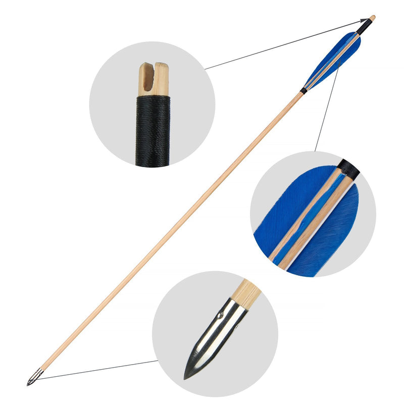 6Pcs Wooden Arrows Blue Turkey Feathers 31.5" Traditional Handmade Archery with Field Points