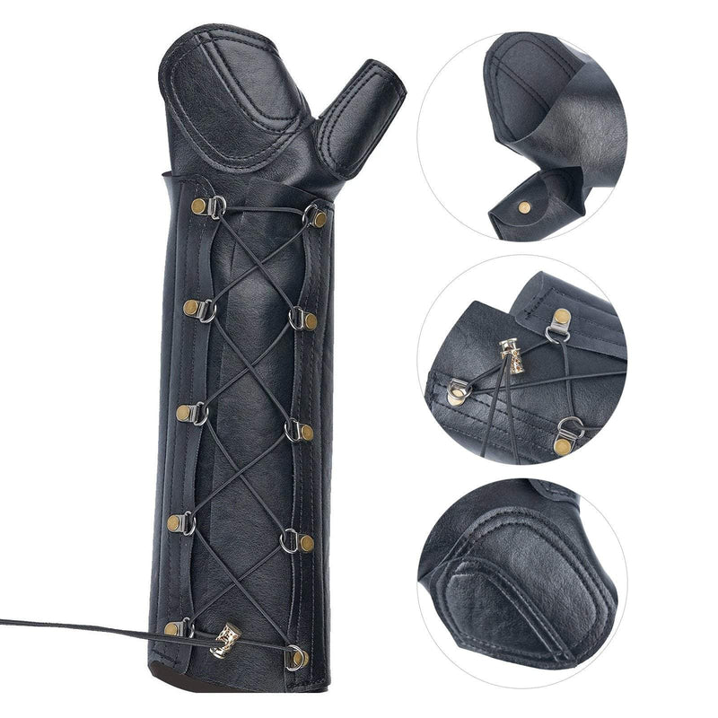 Archery Protective Gear Arm Finger Guard Protector with Adjustable Straps Black Leather