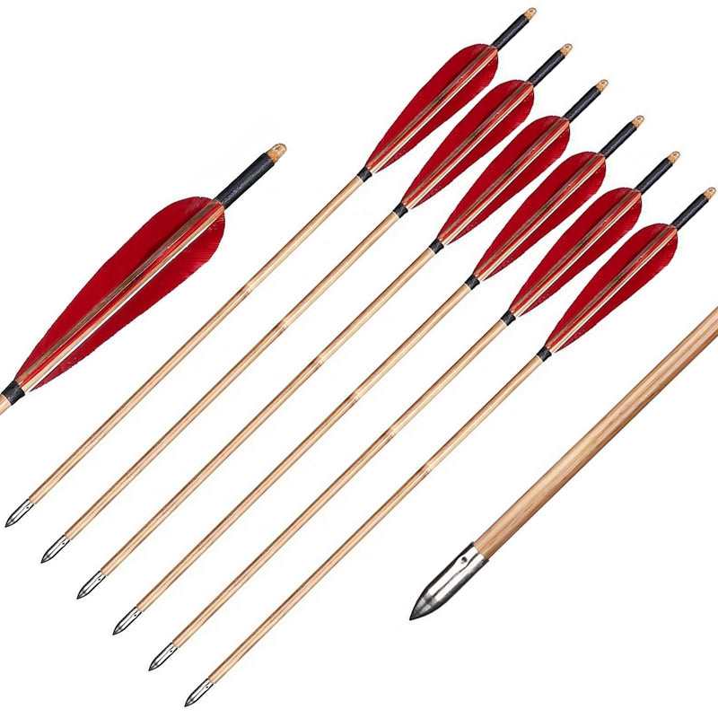 6Pcs 32" Bamboo Arrows Red Turkey Feathers Handmade Archery with Hunting Target Points