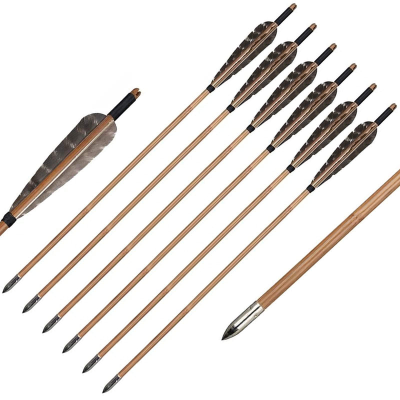 6Pcs Bamboo Arrows Natural Real Feathers Traditional Handmade Archery 33" with Hunting Target Points