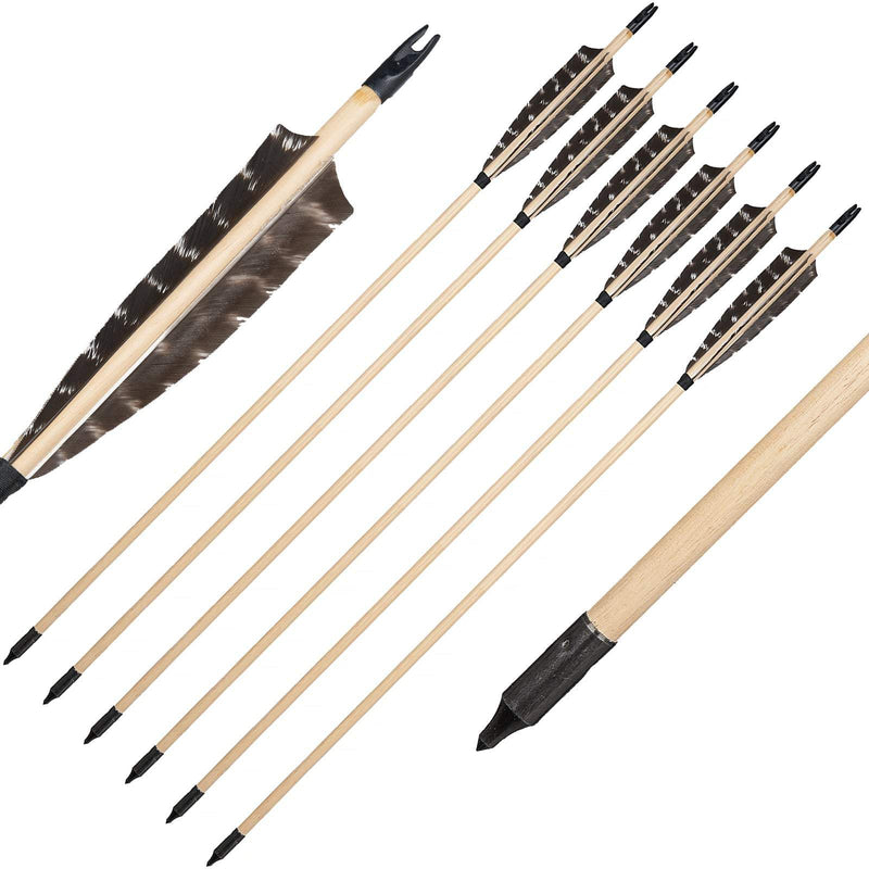 6Pcs Archery 32" Traditional Wooden Arrows with 5" Natural Feather Hunting Arrows for Traditional Bow