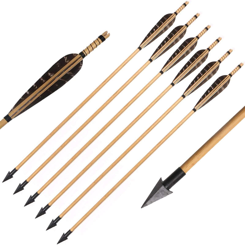 6Pcs Traditional Wood Arrows Natural Real Feather Archery 31" with Hunting Broadheads