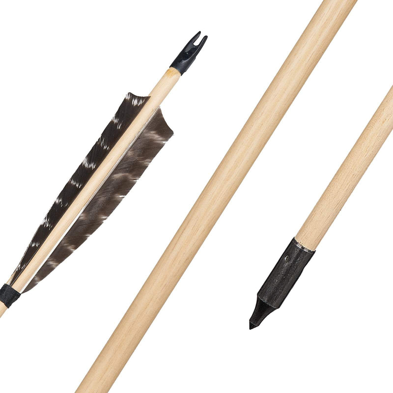 12Pcs Archery 32" Traditional Wooden Arrows with 5" Natural Feather Hunting Arrows for Traditional Bow