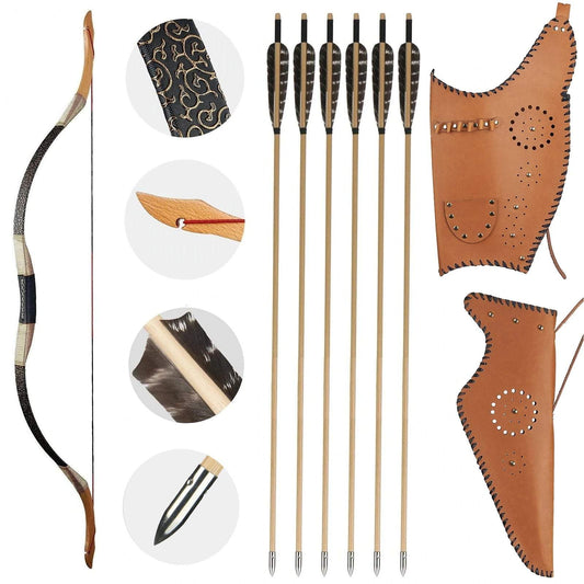 Archery 48"- 54" Traditional Recurve Bow and Wood Arrows Set Mongolian Horsebow 30-50lbs