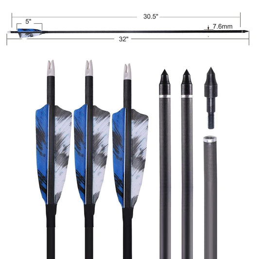 6pcs Archery 31" Turkey Feather Carbon Arrows Hunting Arrows Spine 400 with Replaceable Arrow Tips
