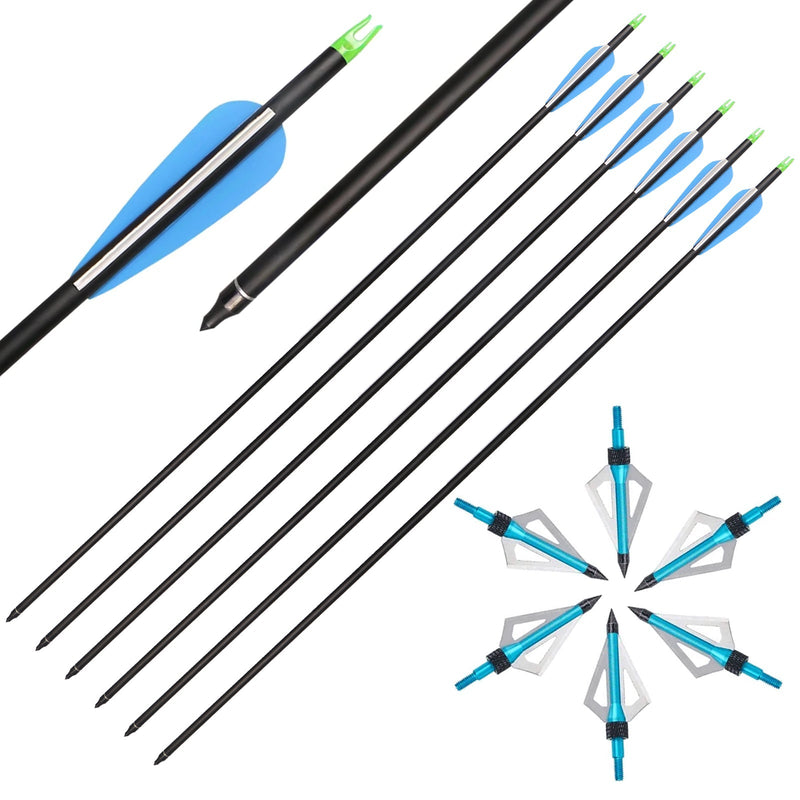 12pcs Archery Carbon Arrows and Hunting Broadheads Set with 3 Blades Hunting Tips 100grain