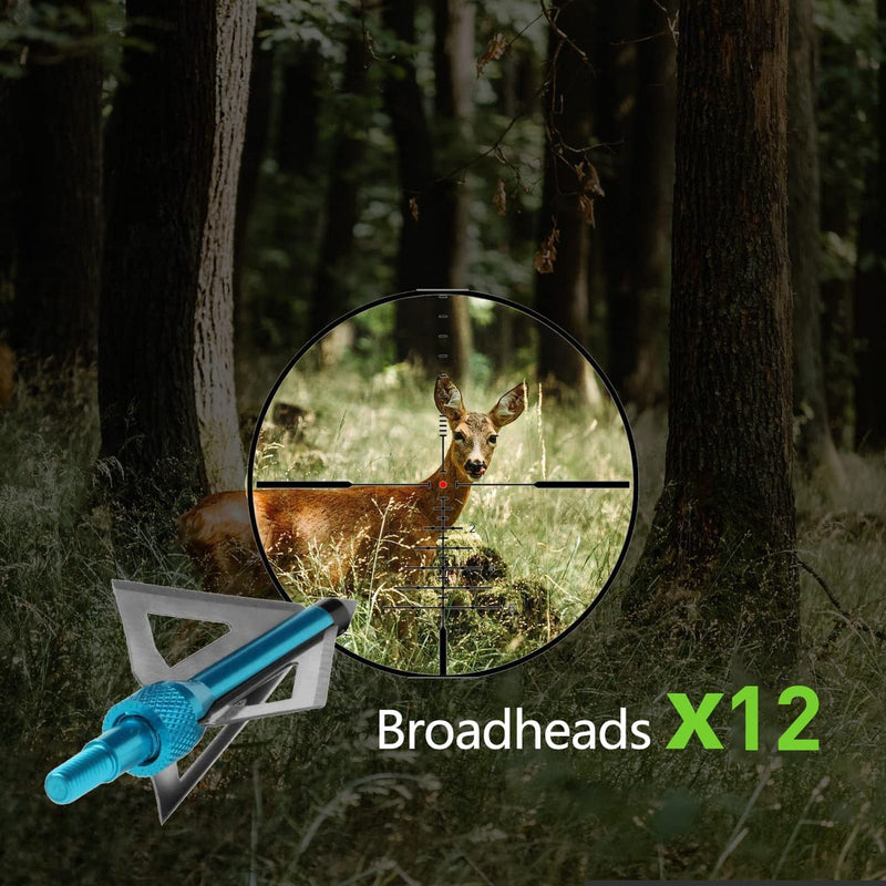 12pcs Archery Carbon Arrows and Hunting Broadheads Set with 3 Blades Hunting Tips 100grain