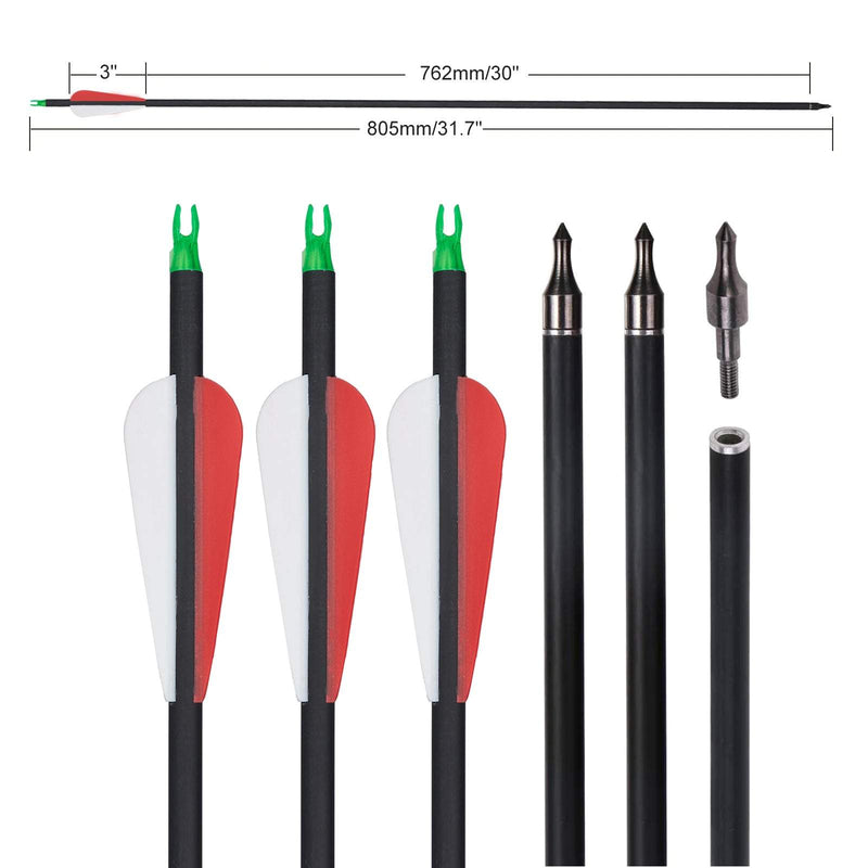 12pcs Archery 30" Fletched Carbon Arrows ID 6.2mm with Replaceable Arrowheads for Recurve Compound Bow