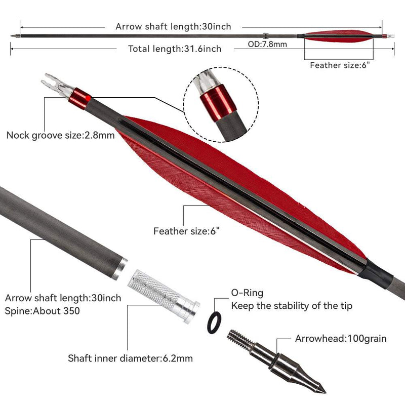 6pcs Archery 30" Carbon Arrow Spine 350 with 6inch Turkey Feather For Recurve Bow Outdoor Shooting Practice Hunting Arrow