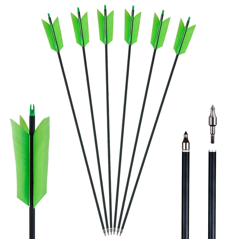 6Pcs 30.5" Archery Carbon Arrows with 4 piece Green Turkey Feathers Spine 500 for Recurve Compound Bow