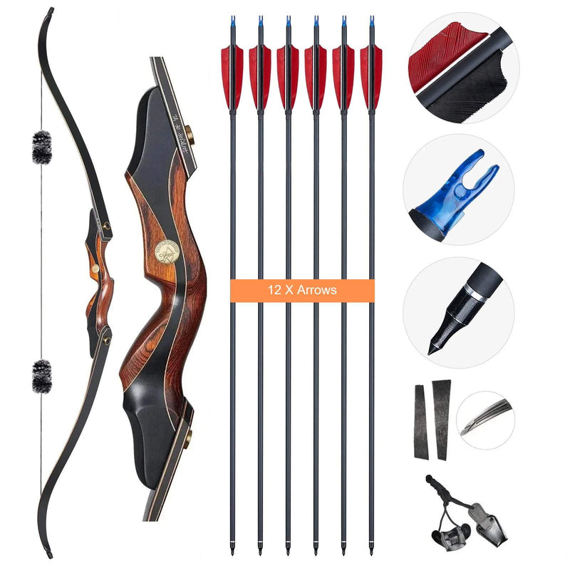 60" Archery Recurve Bow and Arrows Set Feather Fletched Carbon Arrows with Laminated Hunting Bow 30-50lbs