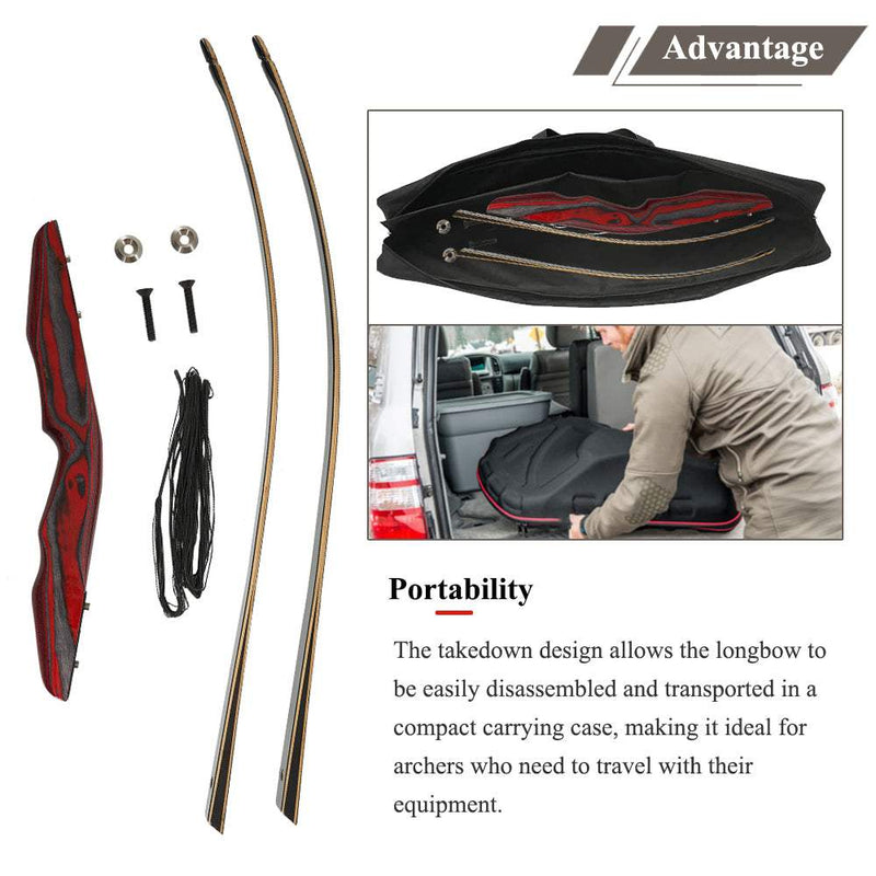 64 Inch Archery Traditional Wood Longbow Takedown Recurve Laminated Bow Right-handed 25-50LBS